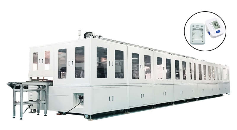  聯(lián)翊電子血壓計(jì)自動(dòng)組裝線一條非標(biāo)結(jié)構(gòu)進(jìn)行組裝，區(qū)分良品及不良品，自動(dòng)分揀的自動(dòng)化流水線